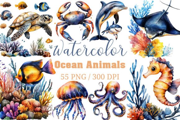 Download Watercolor Ocean Animals Clipart PNG - Png Collection