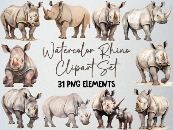 Download Watercolor Rhino Clipart Set, 31 PNG - Png Collection