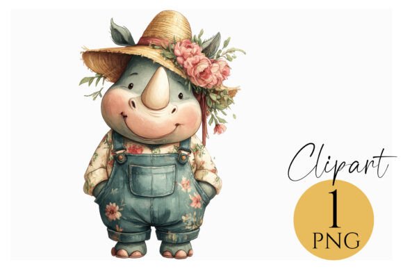 Download Cute Rhino PNG with Floral Hat Overalls - Png Collection