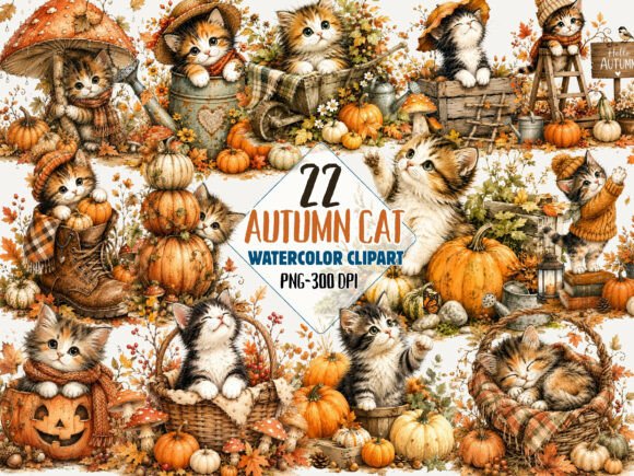 Download Autumn Pumpkin Cat Clipart Bundle Png - Png Collection
