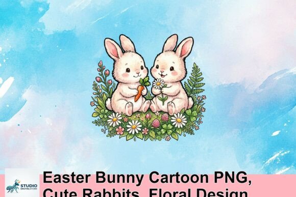 Download Easter Bunny Cartoon PNG, Cute Rabbits, Floral Design - Png Collection