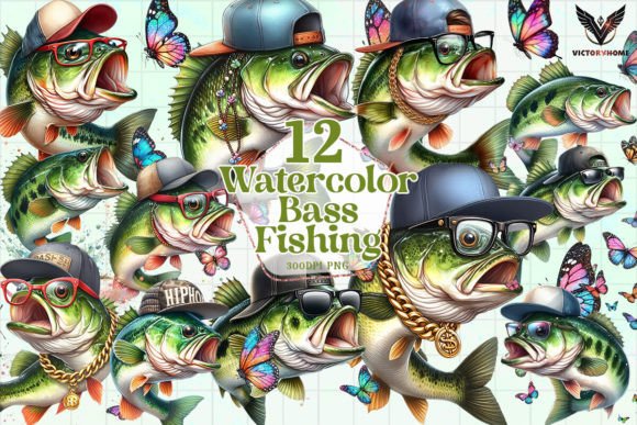 Download Watercolor Bass Fishing Clipart PNG - Png Collection
