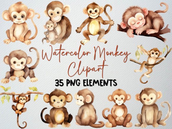 Download Watercolor Monkey Clipart Set, 35 PNG - Png Collection