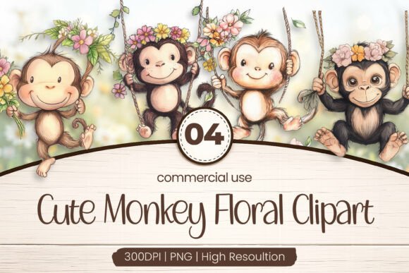 Download Cute Monkey Floral Clipart PNG - Png Collection